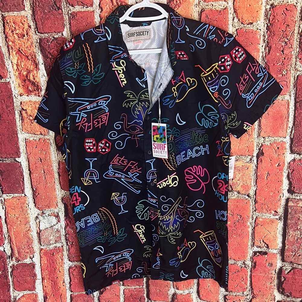 Surf Society Men's Large Neon Print Button-Up Hawaiian Shirt new with tags